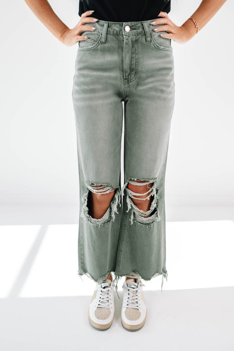 VERVET by Flying Monkey Distressed Cropped Flare Jeans Sage Blue